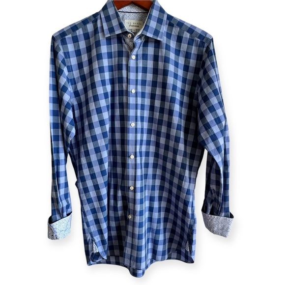 Ted Baker Endurance Blue Plaid Cotton Button Down Shirt Flip Cuff Sz 15.5 34/35 - Picture 1 of 7